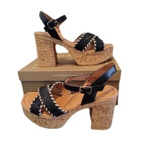 Seychelles Bravo Black Tan Raffia Platform Sandal 4” Cork NIB Italy Women 8.5